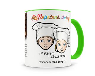 zelený hrníček s Matějem a Zuzankou a receptem